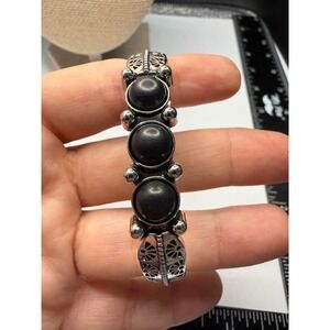 Western Silver Tone Black Stone Cuff Bracelet Southwestern Filigree Boho Bangle